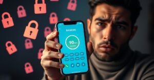 a frustrated person updating banking app passwords on a smartphone with padlocks and a 90-day timer in the background.