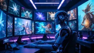 Futuristic AI artist using Bing AI Image Generator and its alternatives on a multi-screen setup